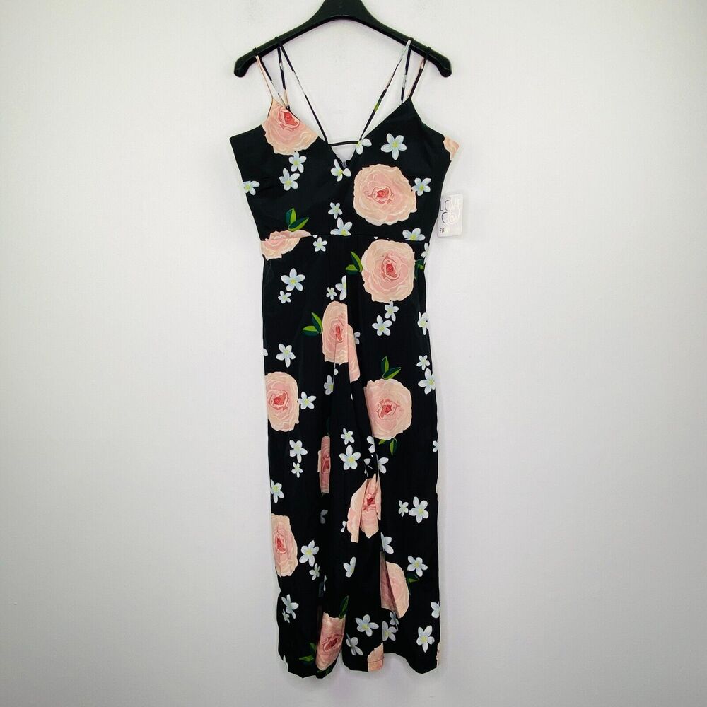 Love @ First Sight Womens Medium Jumpsuit Black Floral Sleeveless Strap NWT BH14
